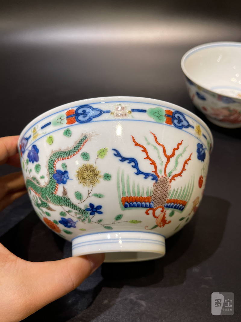 清光绪 青花五彩龙凤纹碗一对 - 图5